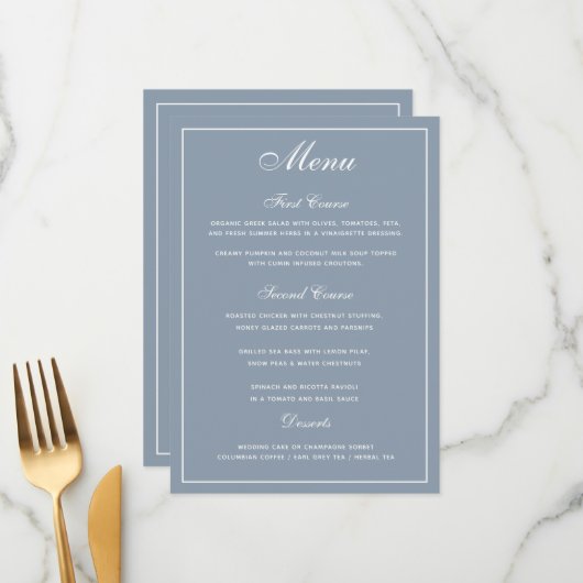 Elegant Dusty Blue White Script Wedding Menu Menükarte (Vorderseite/Rückseite Beispiel)