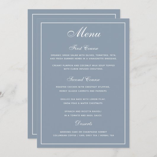 Elegant Dusty Blue White Script Wedding Menu Menükarte (Vorne/Hinten)
