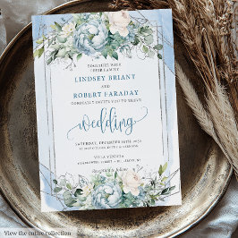 Elegant Dusty Blue White Silver Peonies Wedding Einladung