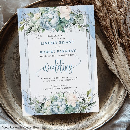 Elegant Dusty Blue White Silver Peonies Wedding Einladung