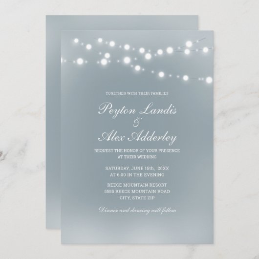 Elegant Dusty Blue White String Lights Wedding Einladung (Vorne/Hinten)