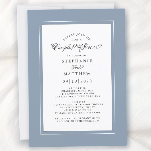 Elegant Dusty Blue White Wedding Couples Dusche Einladung