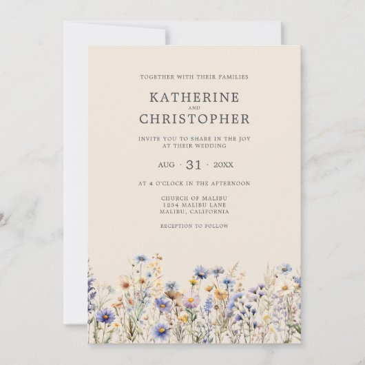 Elegant Dusty Blue Wildblume Budget Beige Wedding Einladung (Vorderseite)