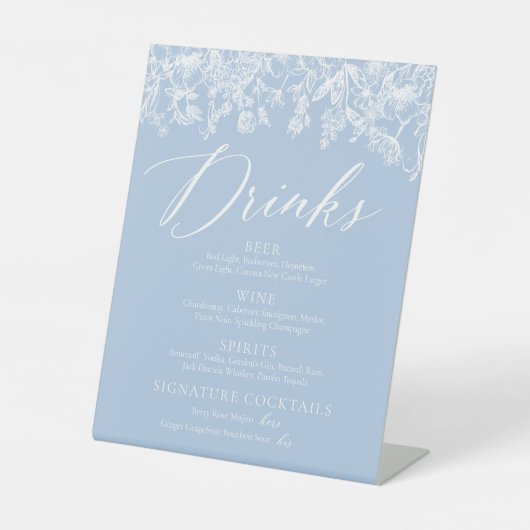 Elegant Dusty Blue Wildblume Drinks Menü Signatur Sockelschild (Vorderseite)