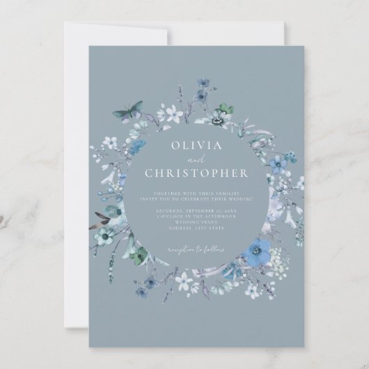 Elegant Dusty Blue Wildblume Floral Wedding Einladung (Vorderseite)