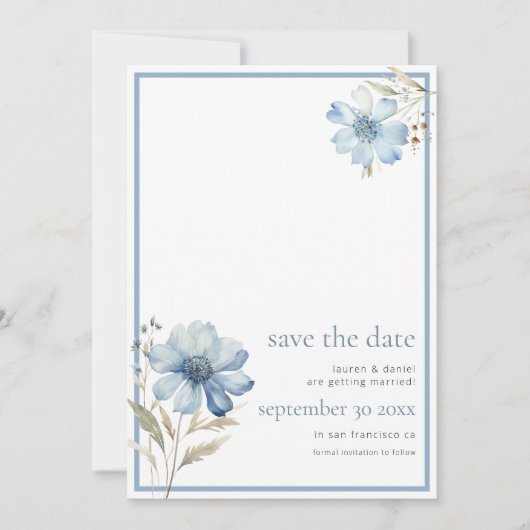 Elegant Dusty Blue Wildblume QR Code Wedding Save The Date (Vorderseite)