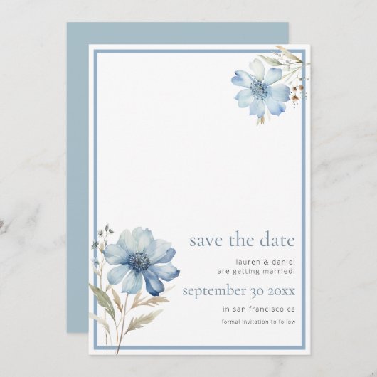 Elegant Dusty Blue Wildblume QR Code Wedding Save The Date (Vorne/Hinten)