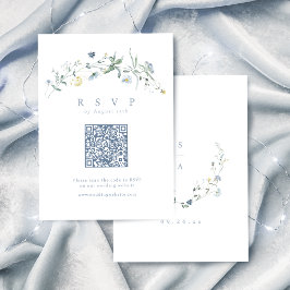 Elegant Dusty Blue Wildblume Rustic Boho QR Code RSVP Karte
