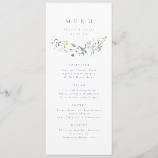Elegant Dusty Blue Wildblume Rustic Boho Wedding Menükarte (Vorderseite)