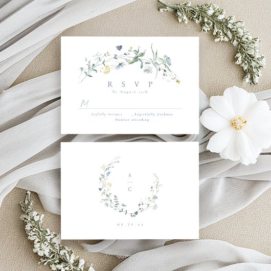 Elegant Dusty Blue Wildblume Rustic Boho Wedding RSVP Karte