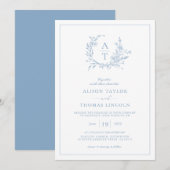 Elegant Dusty Blue Wildblume Wappen Wedding Einladung (Vorne/Hinten)