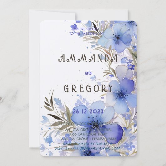 Elegant Dusty Blue Wildblumen Einladung (Vorderseite)