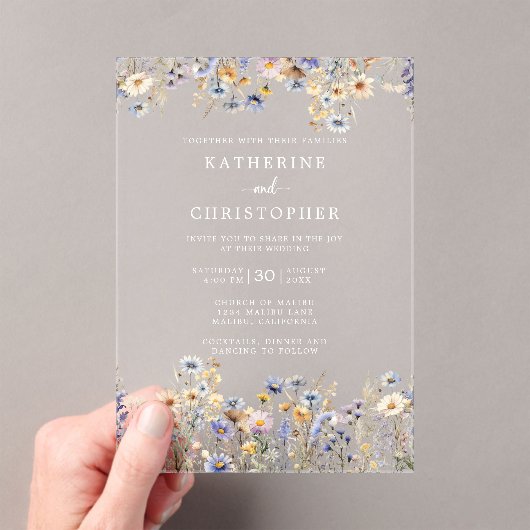 Elegant Dusty Blue Wildblumen Wedding Clear Acryleinladungen (Insitu (Handheld))