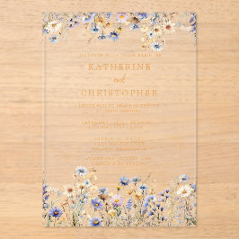 Elegant Dusty Blue Wildblumen Wedding Gold Acryleinladungen