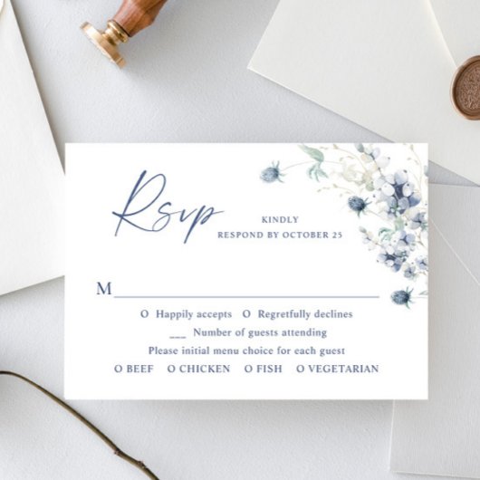 Elegant Dusty Blue Winter Boho Foliage Wedding RSVP Karte