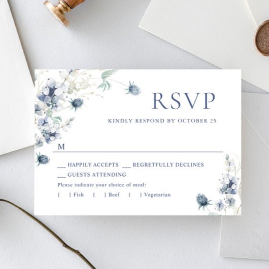 Elegant Dusty Blue Winter Boho Foliage Wedding RSVP Karte