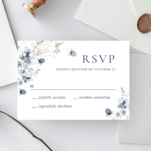 Elegant Dusty Blue Winter Boho Foliage Wedding RSVP Karte