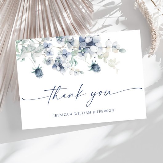 Elegant Dusty Blue Winter Foliage Boho Wasserfarbe Dankeskarte