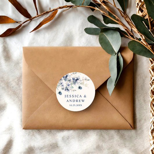 Elegant Dusty Blue Winter Foliage Boho Wedding Runder Aufkleber