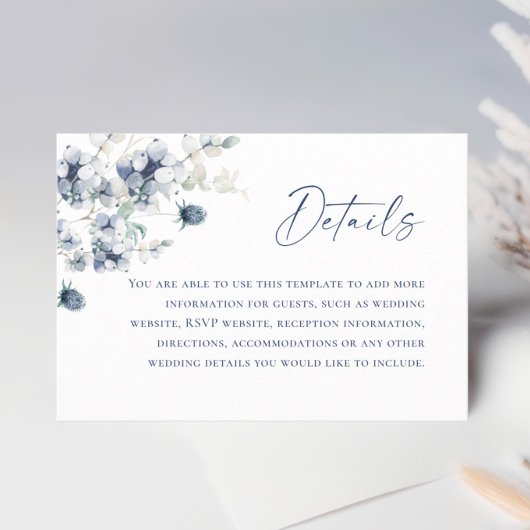 Elegant Dusty Blue Winter Foliage Hochzeitdetails Begleitkarte