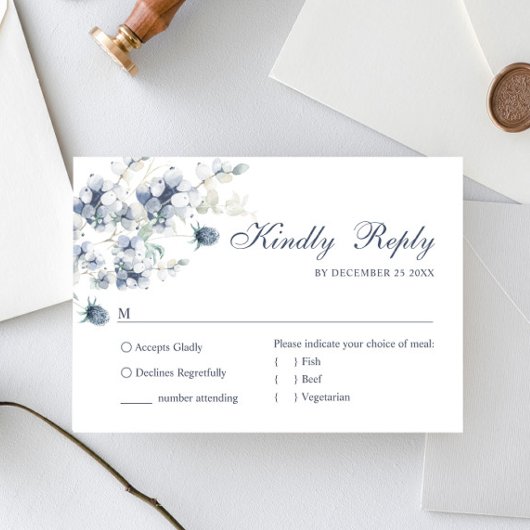 Elegant Dusty Blue Winter Foliage Wedding RSVP Karte
