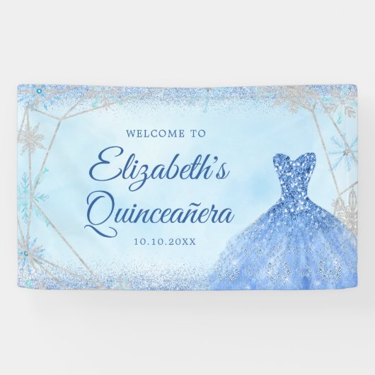 Elegant Dusty Blue Winter Snowflake Quinceñera Banner (Horizontal)