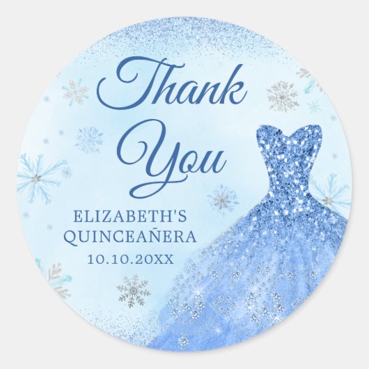 Elegant Dusty Blue Winter Snowflake Quinceñera Runder Aufkleber (Vorderseite)