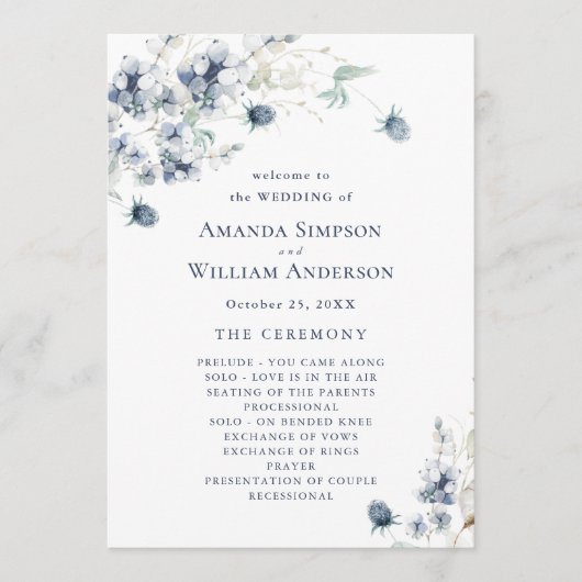 Elegant Dusty Blue Winter Wedding Zeremonie Programm (Vorderseite)
