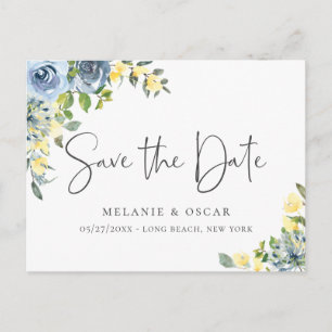 Elegant Dusty Blue Yellow Floral Save the Date Ankündigungspostkarte