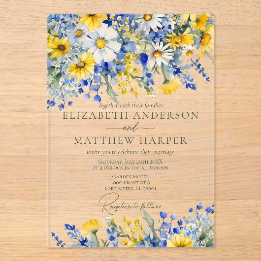 Elegant Dusty Blue Yellow Wildblumen Boho Wedding Acryleinladungen (Vorderseite)