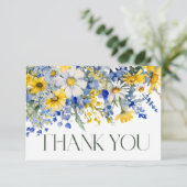Elegant Dusty Blue Yellow Wildblumen Boho Wedding Dankeskarte (Stehend Vorderseite)