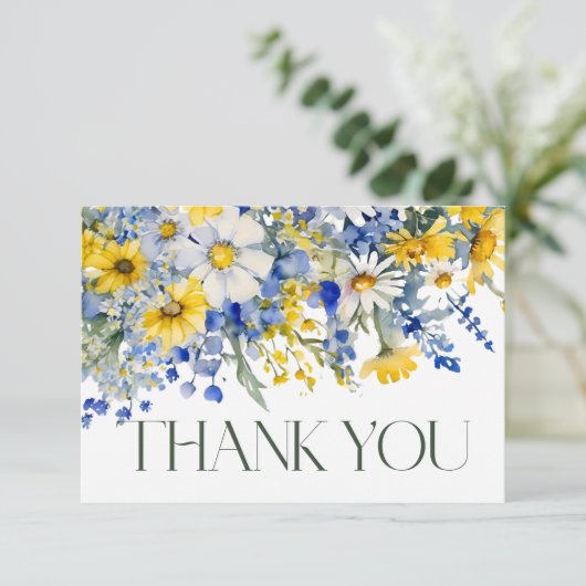 Elegant Dusty Blue Yellow Wildblumen Boho Wedding Dankeskarte (Stehend Vorderseite)