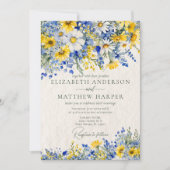 Elegant Dusty Blue Yellow Wildblumen Boho Wedding Einladung (Vorderseite)