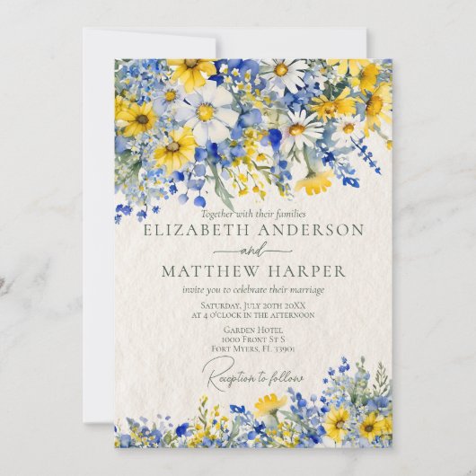 Elegant Dusty Blue Yellow Wildblumen Boho Wedding Einladung (Vorderseite)