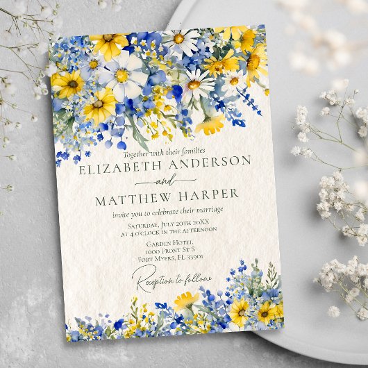 Elegant Dusty Blue Yellow Wildblumen Boho Wedding Einladung