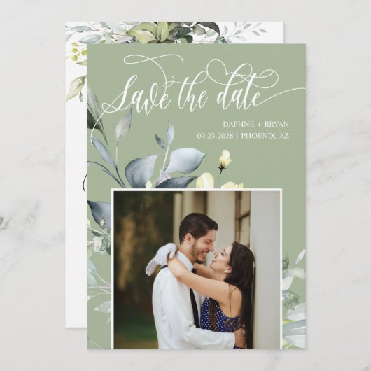 Elegant Dusty Green Blätter QR Code Foto Wedding Save The Date (Vorne/Hinten)