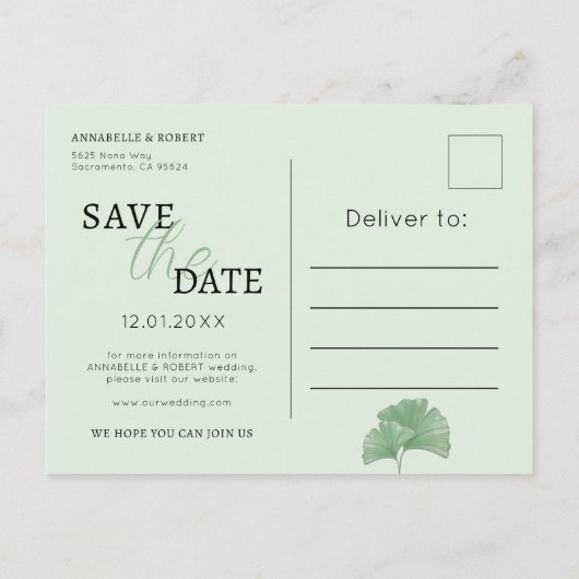 Elegant Dusty Green Ginkgo Floral Save the Date Einladungspostkarte (Rückseite)