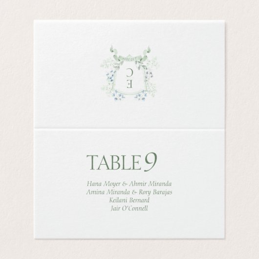 Elegant Dusty Green Monogram Wedding Platzkarten (Außenseite Aufgefaltet)