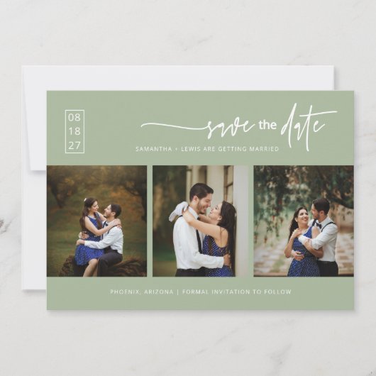 Elegant Dusty Green Save the Date QR Code Foto Einladung (Vorderseite)