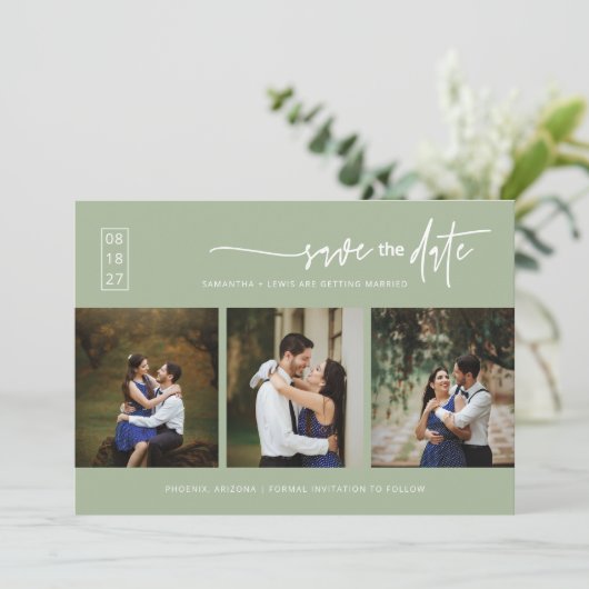 Elegant Dusty Green Save the Date QR Code Foto Einladung (Stehend Vorderseite)
