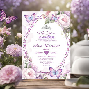 Elegant Dusty Lila Floral Butterfly Mis Quince Einladung