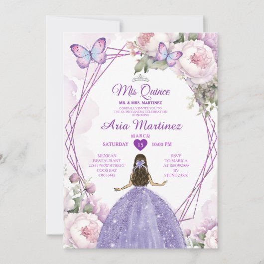 Elegant Dusty Lila Prinzessin Butterfly Mis Quince Einladung (Vorderseite)