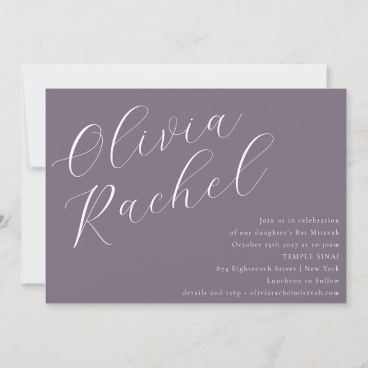 Elegant Dusty Lila Script Minimal Bat Mitzvah Einladung (Vorderseite)