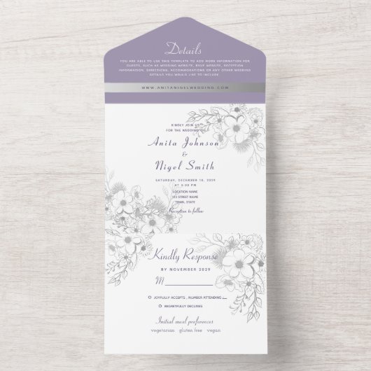 Elegant Dusty Lila Wedding All In One Einladung (Innen Boden)