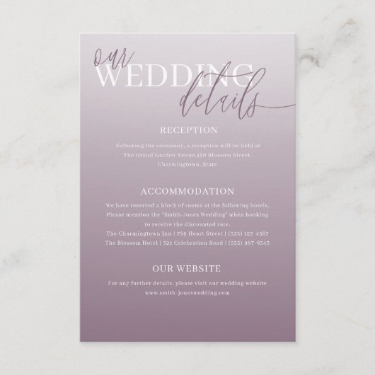 Elegant Dusty Lila Wedding Details Begleitkarte (Vorderseite)