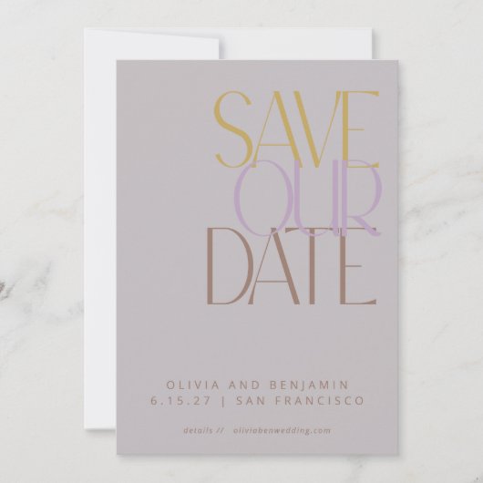 Elegant Dusty Lilac Mitte Jahrhundert Moderne Typo Save The Date (Vorderseite)