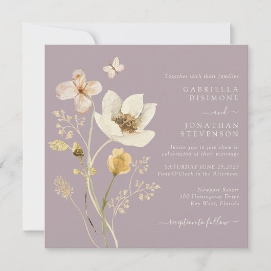 Elegant Dusty Mauve Watercolor Wildblumen Hochzeit Einladung (Vorderseite)