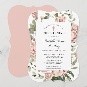 Elegant Dusty Pink Blumenkreuz Christening Einladung