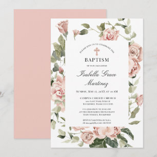 Elegant Dusty Pink Blumenkreuz Taufe Einladung