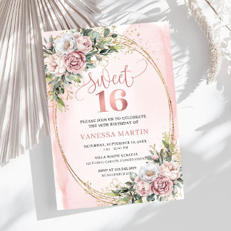 Elegant Dusty Pink Floral Greenery Sweet Sixteen  Einladung